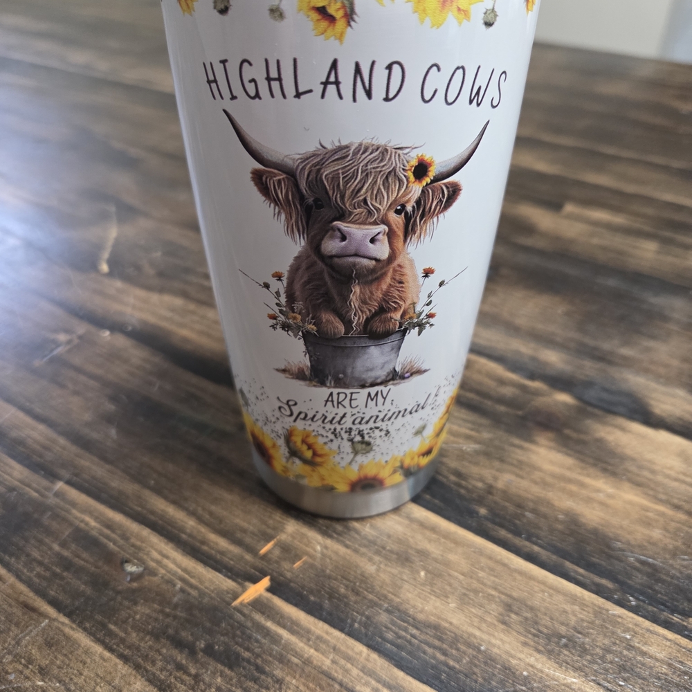 Source Unknown Highland Cows Tumbler with Sunflower Design